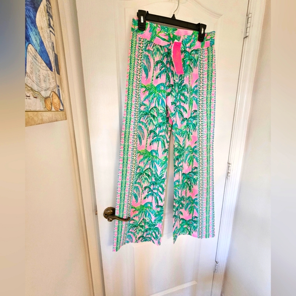 Lilly Pulitzer Bal Harbour Palazzo Pink Blossom Palm Print Pants. NWT SIZE S